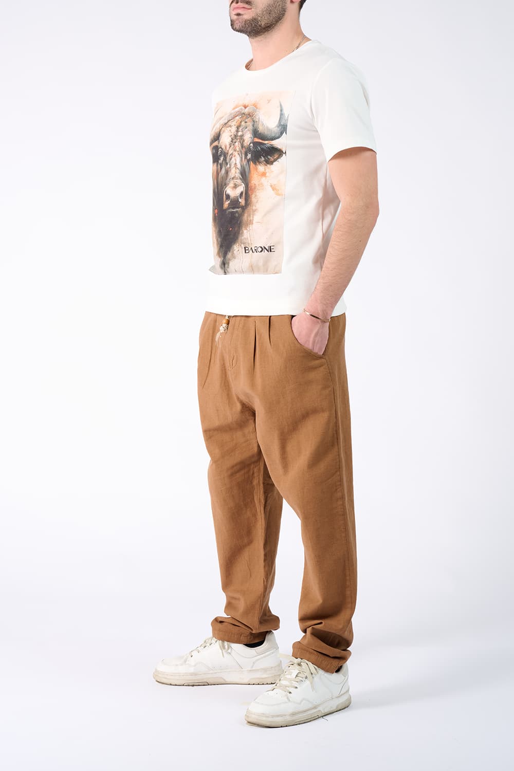 T-Shirt Uomo Stampa Bufalo e Pantaloni Lino - Barone Firenze