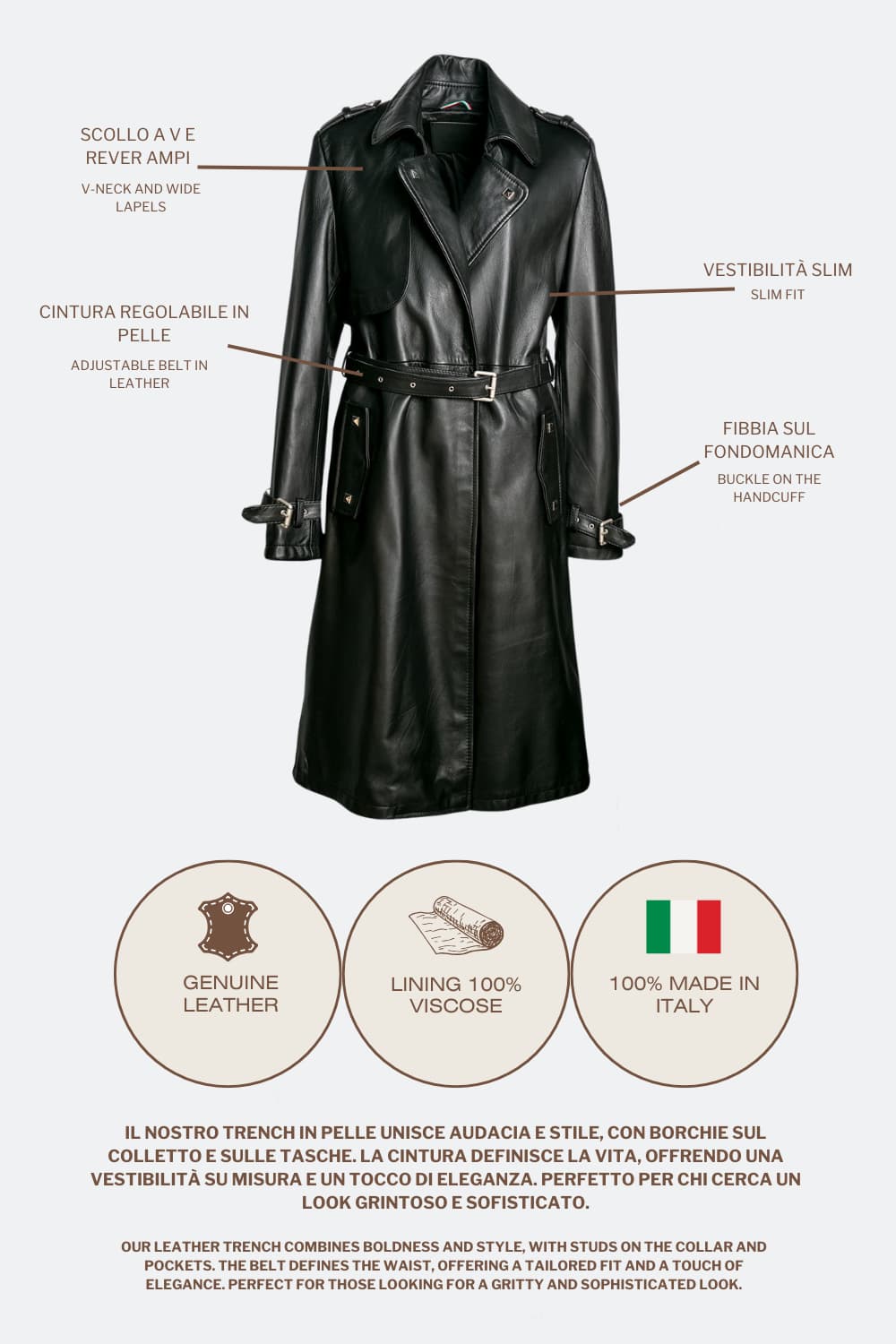 Trench donna Nero 100% vera pelle Made in Italy - Barone Firenze