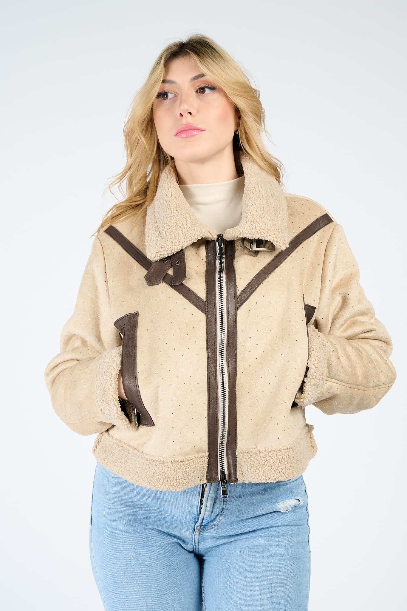 Ginevra Shearling Style Beige e Testa di Moro giacca donna Made in Italy - Barone Firenze