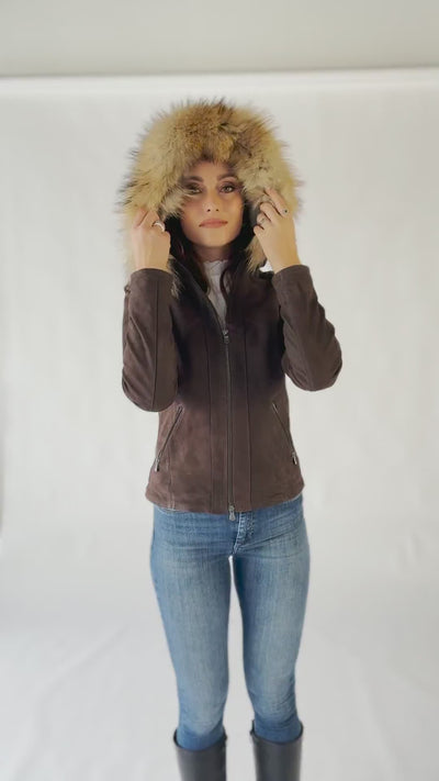 Sofia Oleato con Cappuccio Fur Tdm giacca donna 100% vera pelle Made in Italy - Barone Firenze