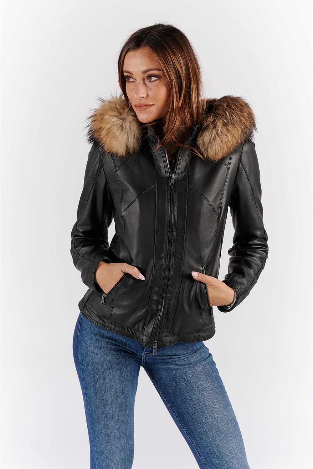 Sofia con Cappuccio Fur giacca donna 100% vera pelle Made in Italy - Barone Firenze