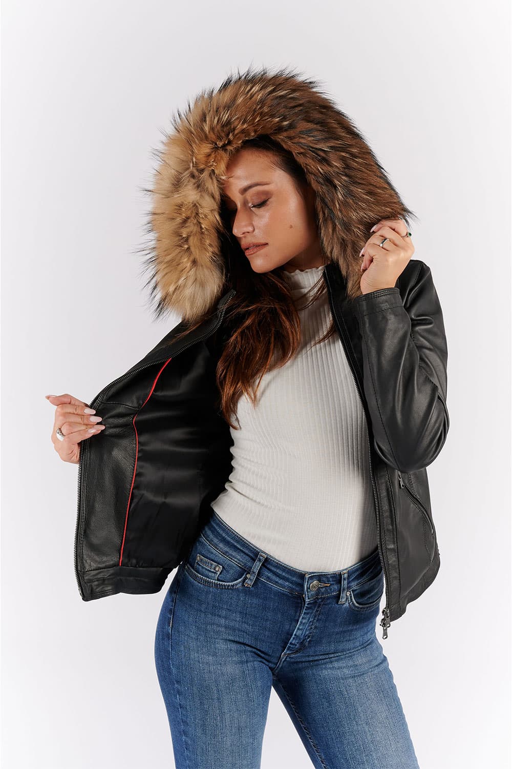 Sofia con Cappuccio Fur giacca donna 100% vera pelle Made in Italy - Barone Firenze