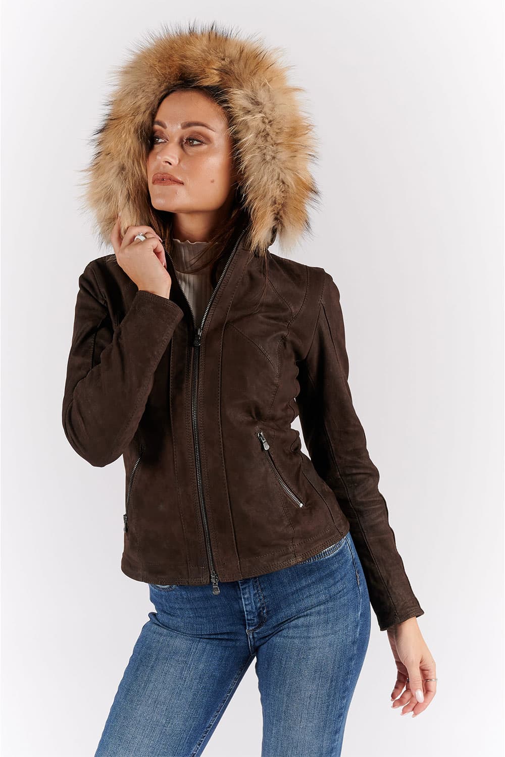 Sofia Oleato con Cappuccio Fur Tdm giacca donna 100% vera pelle Made in Italy - Barone Firenze