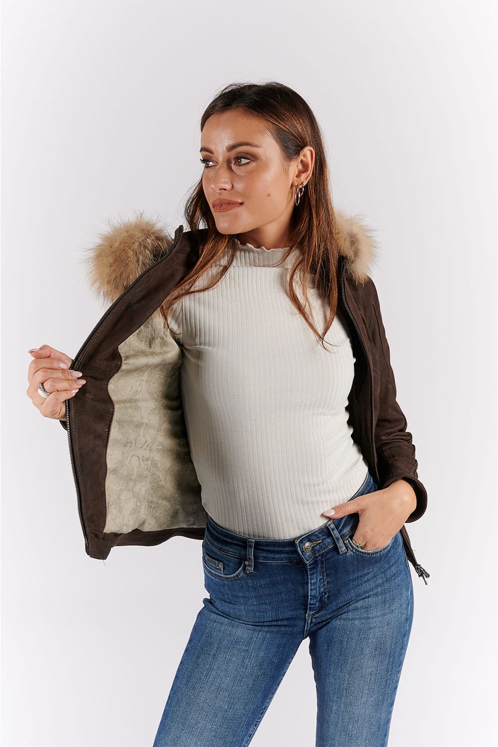 Sofia Oleato con Cappuccio Fur Tdm giacca donna 100% vera pelle Made in Italy - Barone Firenze